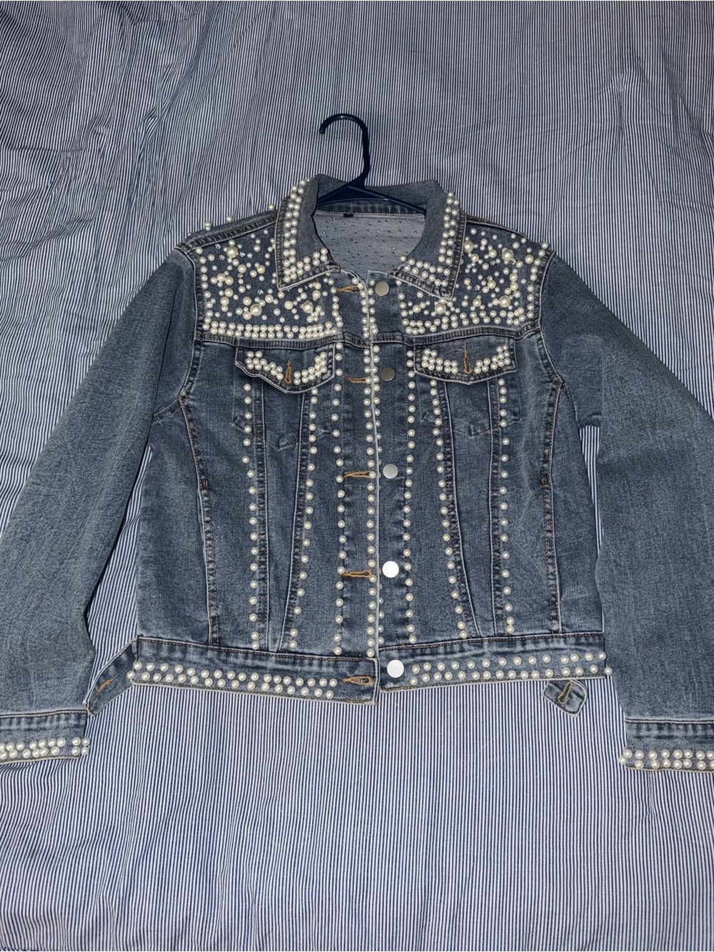 Pearl-Embellished Blue Denim Jacket - Women